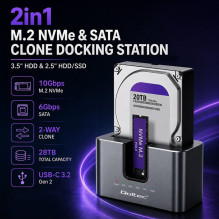Qoltec 52631 HDD SSD prijungimo stotelė, SATA, M.2 NVMe, klonavimas, USB-C, 10Gb / s, 28TB