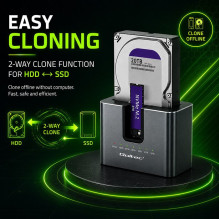 Qoltec 52631 HDD SSD prijungimo stotelė, SATA, M.2 NVMe, klonavimas, USB-C, 10Gb / s, 28TB
