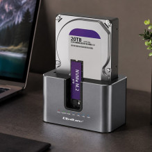 Qoltec 52631 HDD SSD prijungimo stotelė, SATA, M.2 NVMe, klonavimas, USB-C, 10Gb / s, 28TB