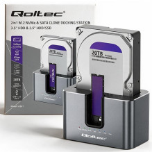 Qoltec 52631 HDD SSD prijungimo stotelė, SATA, M.2 NVMe, klonavimas, USB-C, 10Gb / s, 28TB