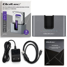 Qoltec 52631 HDD SSD prijungimo stotelė, SATA, M.2 NVMe, klonavimas, USB-C, 10Gb / s, 28TB