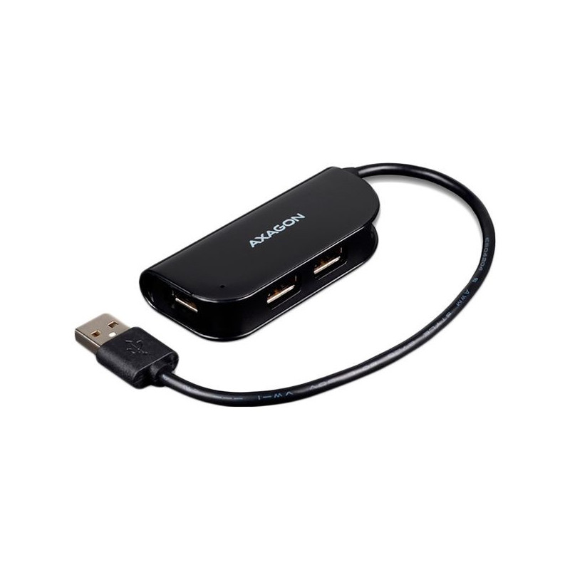 Axagon Handy four-port USB 2.0 hub with a permanently connected USB cable. Black.