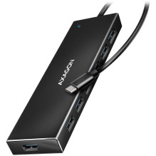 „Axagon“ septynių prievadų USB 3.2 „Gen 1“ šakotuvas su įkrovimo palaikymu. Jungtis išoriniam maitinimo šaltiniui. USB-C
