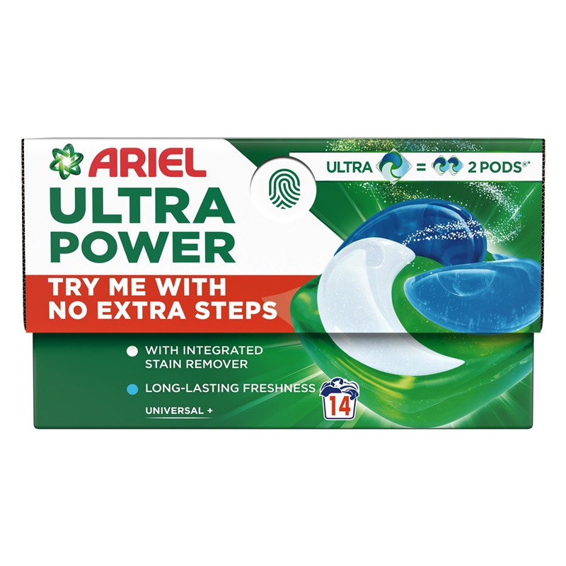 Skalbimo kapsulės Ariel Ultra Power Universal+, 14 vnt.