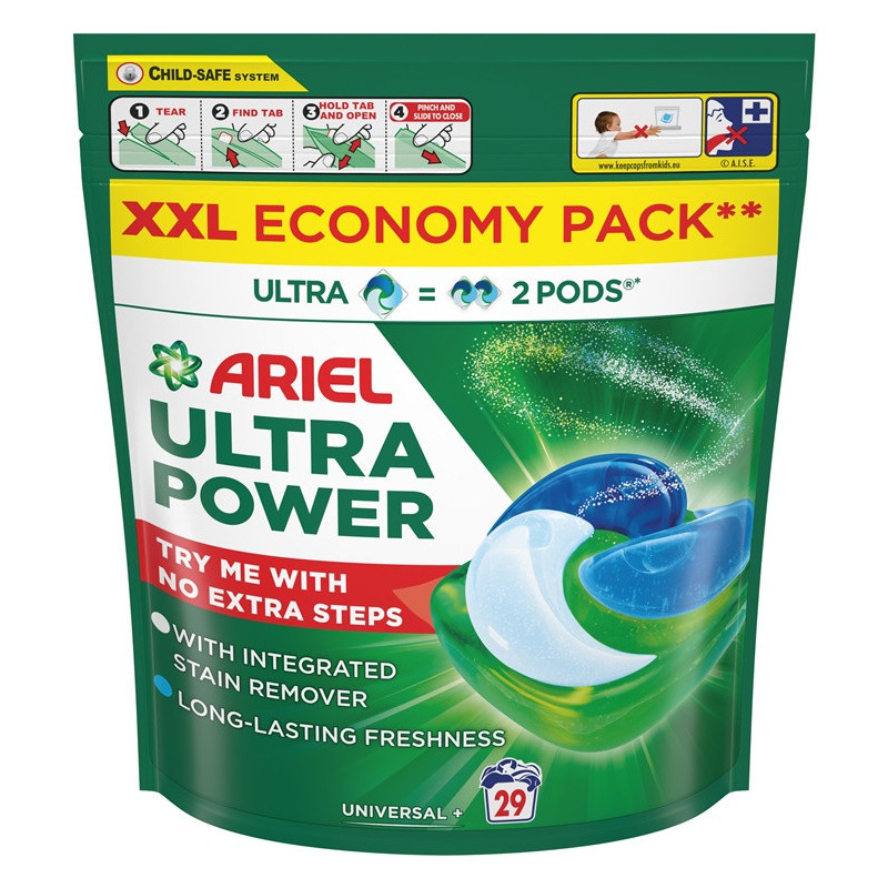 Skalbimo kapsulės Ariel Ultra Power Universal+, 29 vnt.