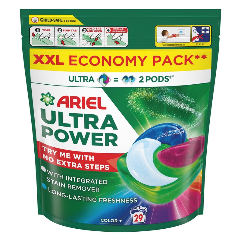 Skalbimo kapsulės Ariel Ultra Power Color+, 29 vnt.