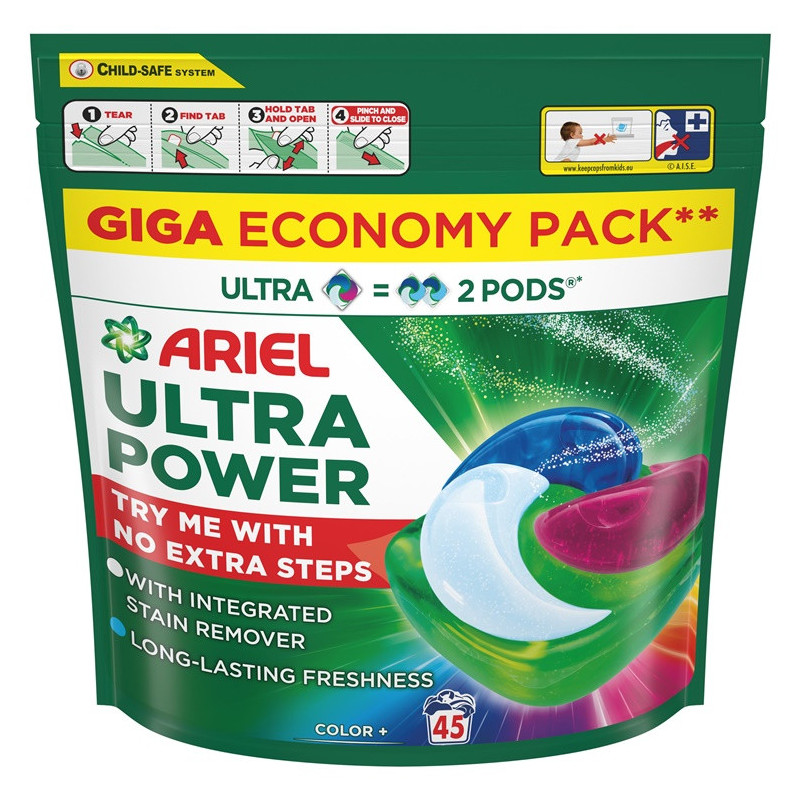 Skalbimo kapsulės Ariel Ultra Power Color+, 45 vnt.