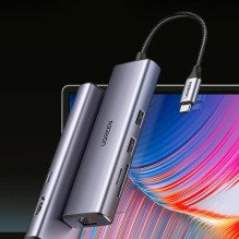 Ugreen CM512 90568 USB-C adapteris - 2× USB-A 3.0 / HDMI / RJ45 / SD ir TF kortelių skaitytuvas / USB-C PD 100 B Pilka Ugreen CM512 90568 USB-C adapteris - 2× USB-A 3.0 / HDMI / RJ45 / SD ir TF kortelių skaitytuvas / USB-C PD 100 B Pilka