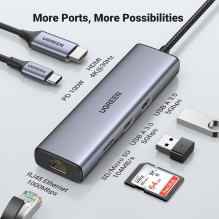 Ugreen CM512 90568 USB-C adapteris - 2× USB-A 3.0 / HDMI / RJ45 / SD ir TF kortelių skaitytuvas / USB-C PD 100 B Pilka Ugreen CM512 90568 USB-C adapteris - 2× USB-A 3.0 / HDMI / RJ45 / SD ir TF kortelių skaitytuvas / USB-C PD 100 B Pilka