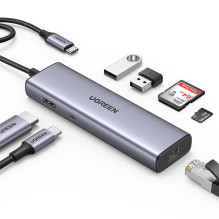 Ugreen CM512 90568 USB-C adapteris - 2× USB-A 3.0 / HDMI / RJ45 / SD ir TF kortelių skaitytuvas / USB-C PD 100 B Pilka Ugreen CM512 90568 USB-C adapteris - 2× USB-A 3.0 / HDMI / RJ45 / SD ir TF kortelių skaitytuvas / USB-C PD 100 B Pilka