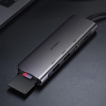 Ugreen CM195 6-in-1 USB-C adapteris - HDMI / 2× USB-A 3.0 / USB-C PD / SD / TF kortelių skaitytuvas - pilkas