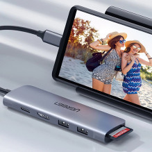 Ugreen CM195 6-in-1 USB-C adapteris - HDMI / 2× USB-A 3.0 / USB-C PD / SD / TF kortelių skaitytuvas - pilkas