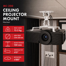 Maclean Ceiling Mount / Hanger for Projectors, 54-320 mm, up to 13.5 kg, 360-degree rotation, MC-200 W Maclean Ceiling Mount / Hanger for Projectors, 54-320 mm, up to 13.5 kg, 360-degree rotation, MC-200 W
