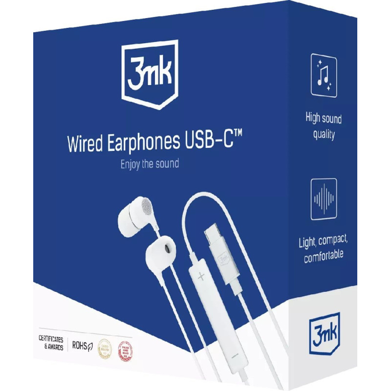 3MK Laidinės USB-C ausinės, į ausis, skambučiams / muzikai, USB Type-C, baltos