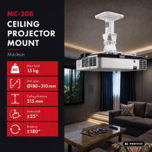 Projektoriaus Lubų Laikiklis - Maclean MC-208 W Baltas, 180-310 mm, 15 kg, ±25° Pakreipimas, 180° Pasukimas Projektoriaus Lubų Laikiklis - Maclean MC-208 W Baltas, 180-310 mm, 15 kg, ±25° Pakreipimas, 180° Pasukimas