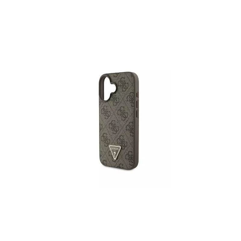 Guess Apple iPhone 16 PU 4G metalinis trikampio formos logotipo dėklas, rudas