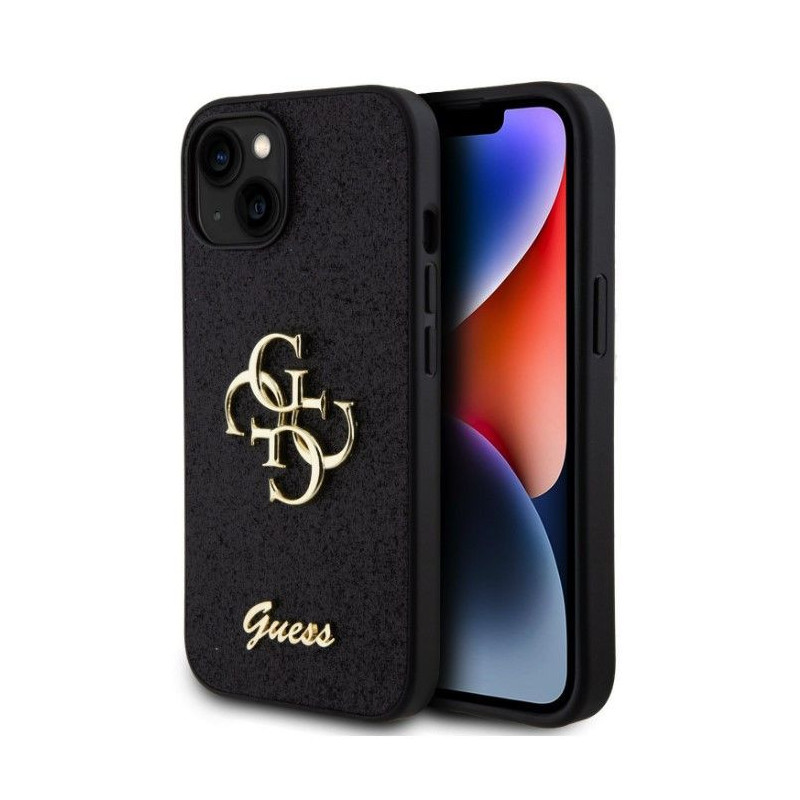 „Guess“ metalinis, blizgučiais dengtas „Apple iPhone 15“ dėklas, juodas