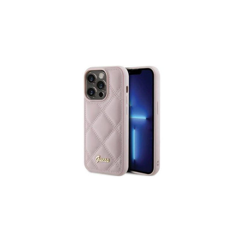 „Guess“ Apple iPhone 15 Pro HC PU dygsniuotas metalinis logotipas, rožinis
