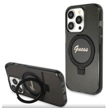 „Guess“ blizgus „MagSafe“ dėklas „Apple iPhone 15 Pro IML Ring Stand“, juodas