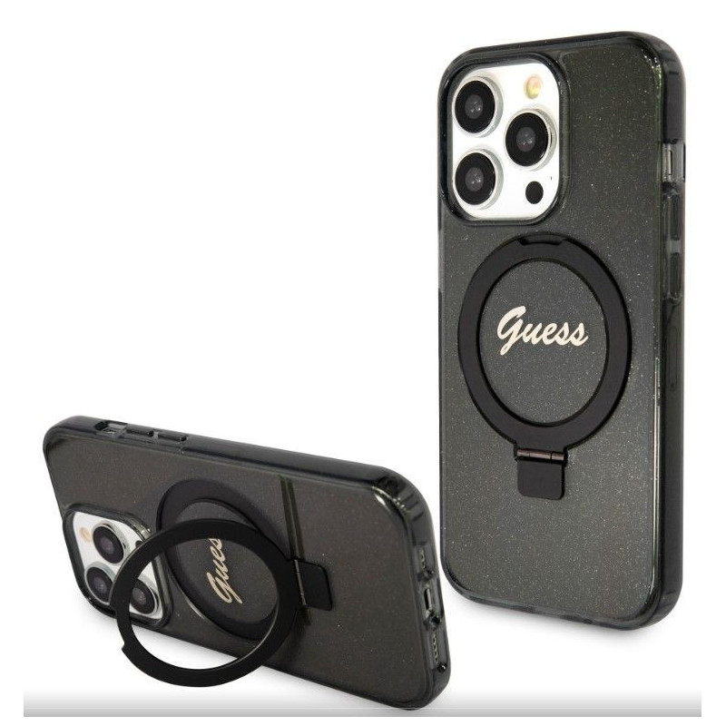 „Guess“ blizgus „MagSafe“ dėklas „Apple iPhone 15 Pro IML Ring Stand“, juodas