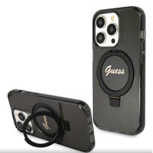 „Guess“ žiedinis dėklas Apple iPhone 15 Pro Max IML blizgučiams, „MagSafe“ juodas