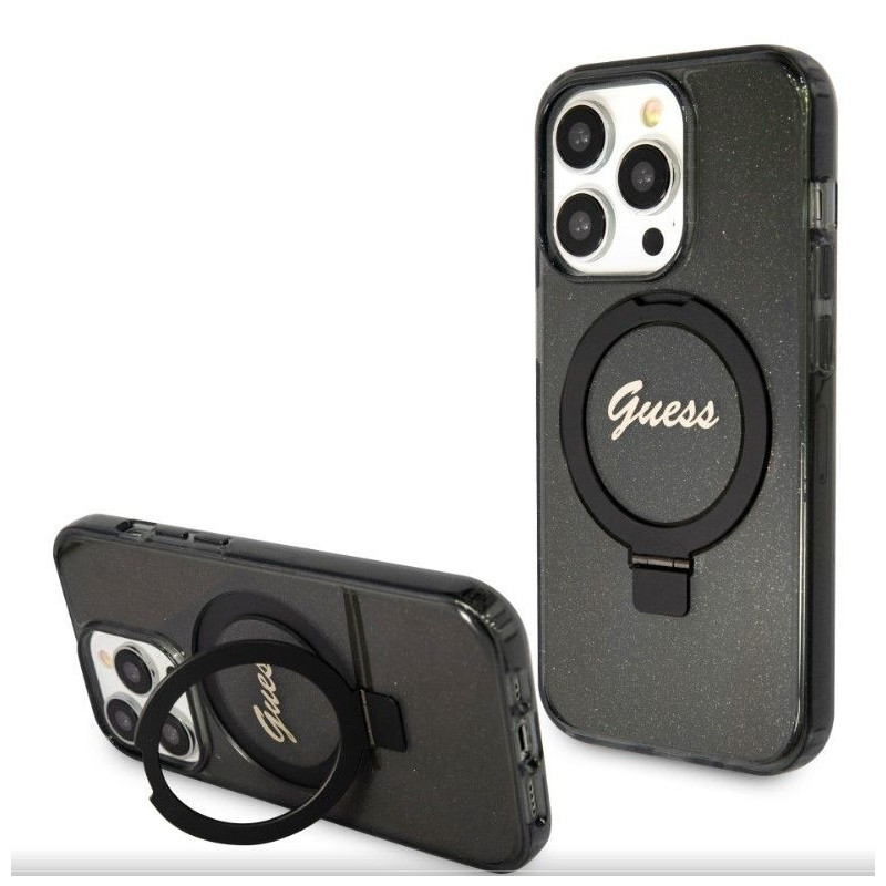 „Guess“ žiedinis dėklas Apple iPhone 15 Pro Max IML blizgučiams, „MagSafe“ juodas
