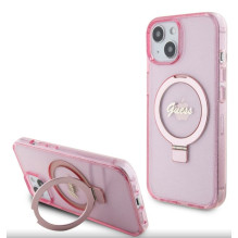 „Guess“ žiedinis dėklas, blizgus „MagSafe“ dėklas, skirtas Apple iPhone 15, rožinis