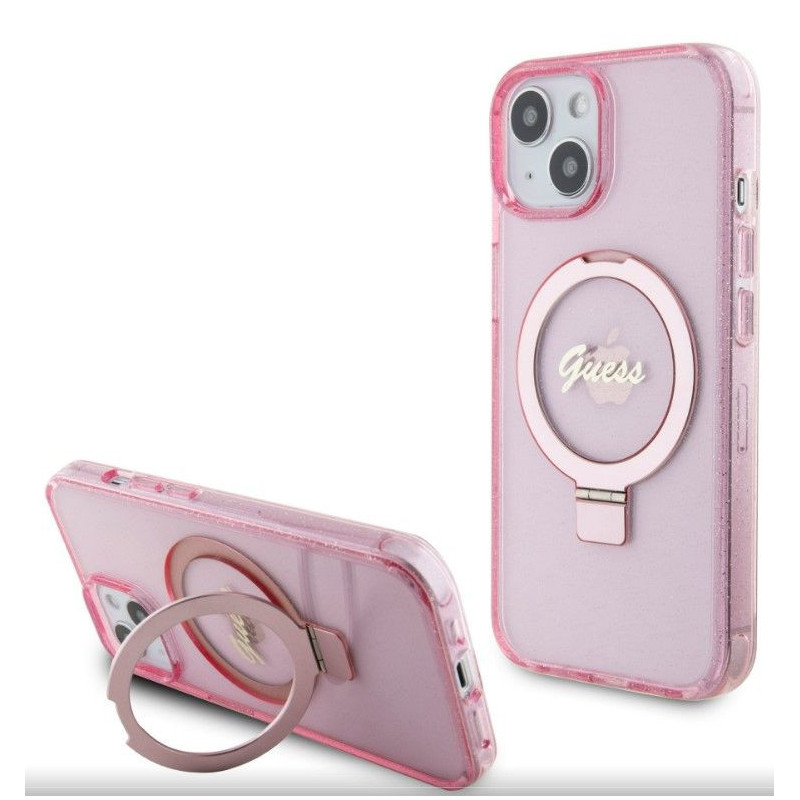 „Guess“ žiedinis dėklas, blizgus „MagSafe“ dėklas, skirtas Apple iPhone 15, rožinis