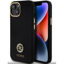 „Guess“ skysto silikono dėklas Apple iPhone 15 telefonui „Strass Metal Logo“, juodas