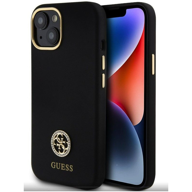 „Guess“ skysto silikono dėklas Apple iPhone 15 telefonui „Strass Metal Logo“, juodas