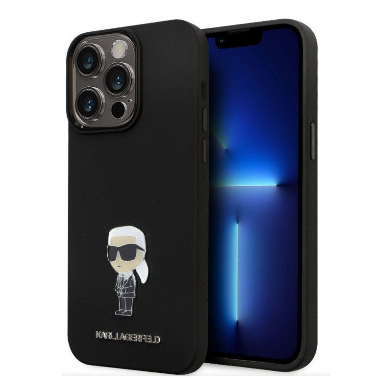 Karl Lagerfeld Apple iPhone 15 Pro Max skysto silikono metalinis Ikonik dėklas, juodas