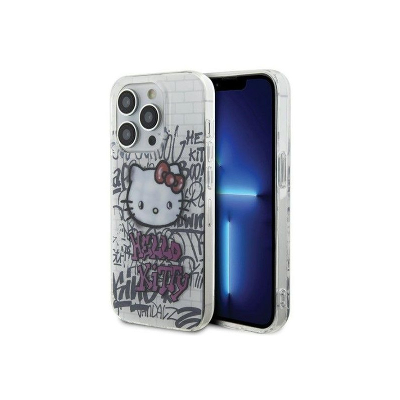 Hello Kitty Apple iPhone 15 Pro 6.1 kietas dėklas IML Kitty On Bricks Graffiti White