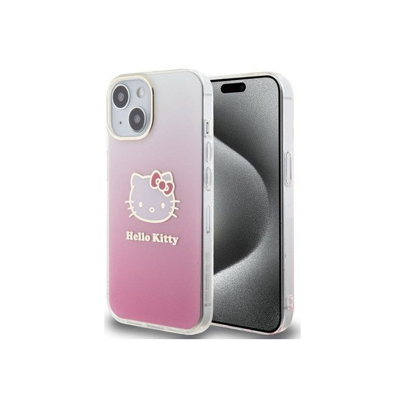 Hello Kitty Apple iPhone 15 6.1 kietas dėklas IML gradientinis elektroforezės formos kačiuko galvos rožinis