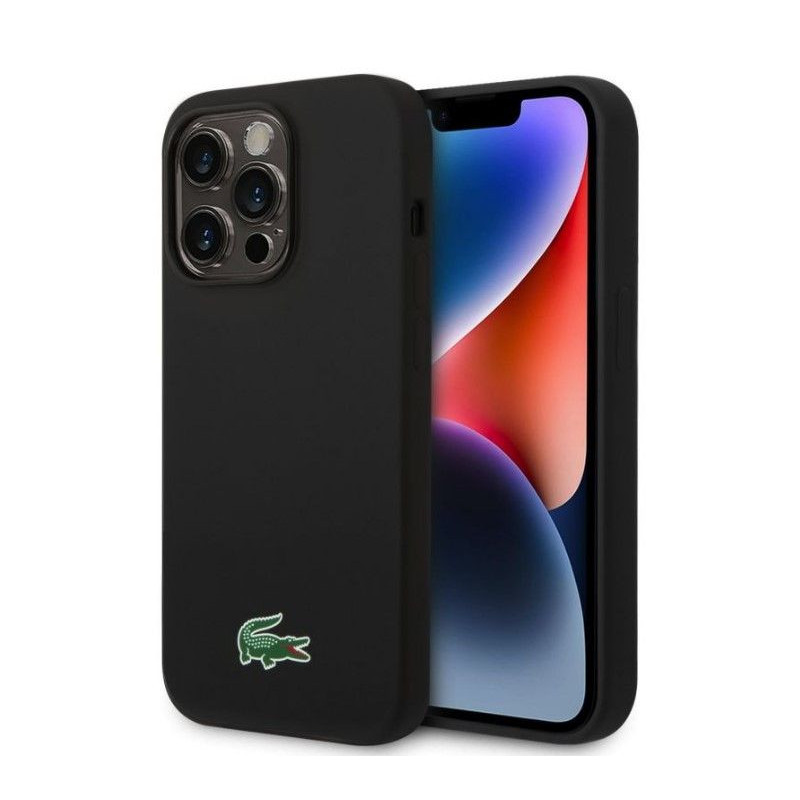 Lacoste Apple iPhone 15 Pro skysto silikono mikropluošto „Croc“ logotipo „MagSafe“ galinis dėklas, juodas