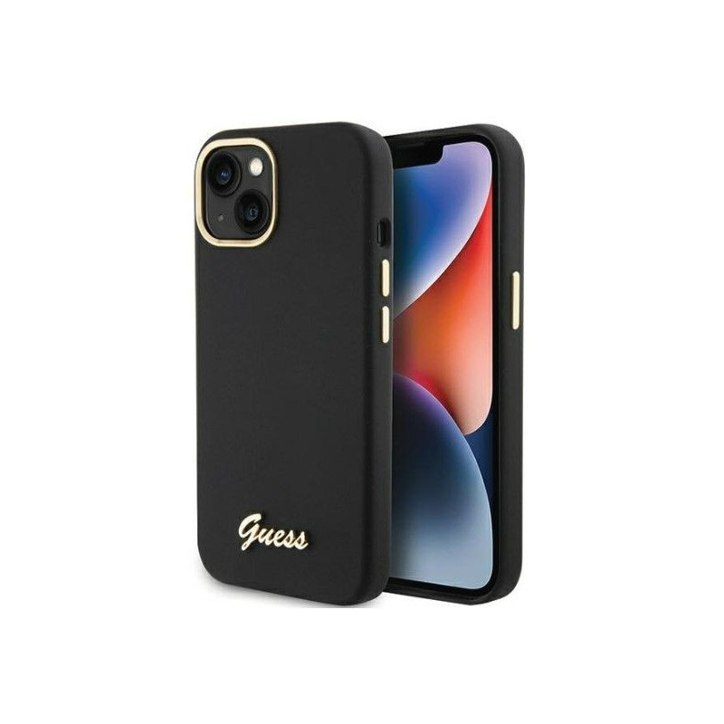 Guess Apple iPhone 15 / 14 / 13 6.1 kietas silikoninis dėklas su metaliniu logotipu, juodas
