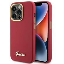 Guess Apple iPhone 15 Pro Max 6.7 kietas silikoninis dėklas su metaliniu logotipu, raudonas, rausvai violetinis