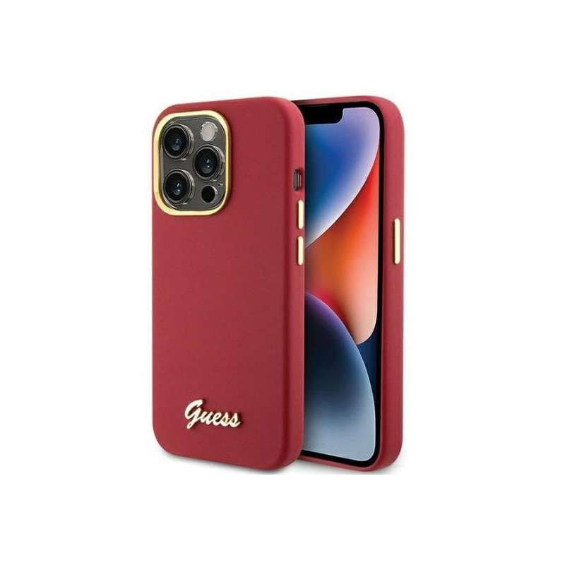 Guess Apple iPhone 15 Pro Max 6.7 kietas silikoninis dėklas su metaliniu logotipu, raudonas, rausvai violetinis