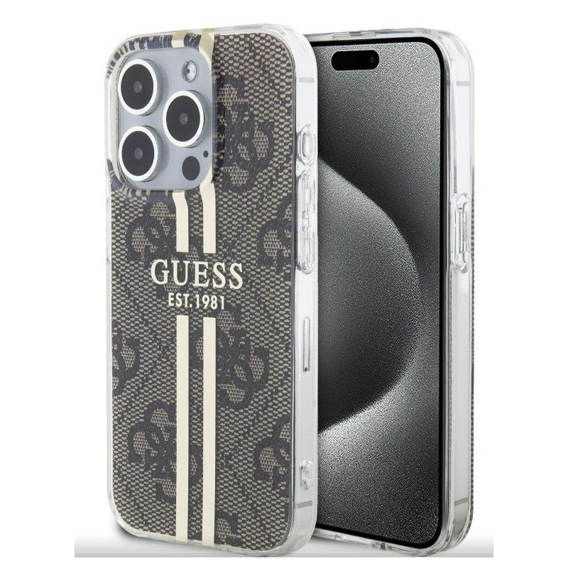 „Guess“ Apple iPhone 15 Pro IML 4G auksinis dryžuotas dėklas rudas
