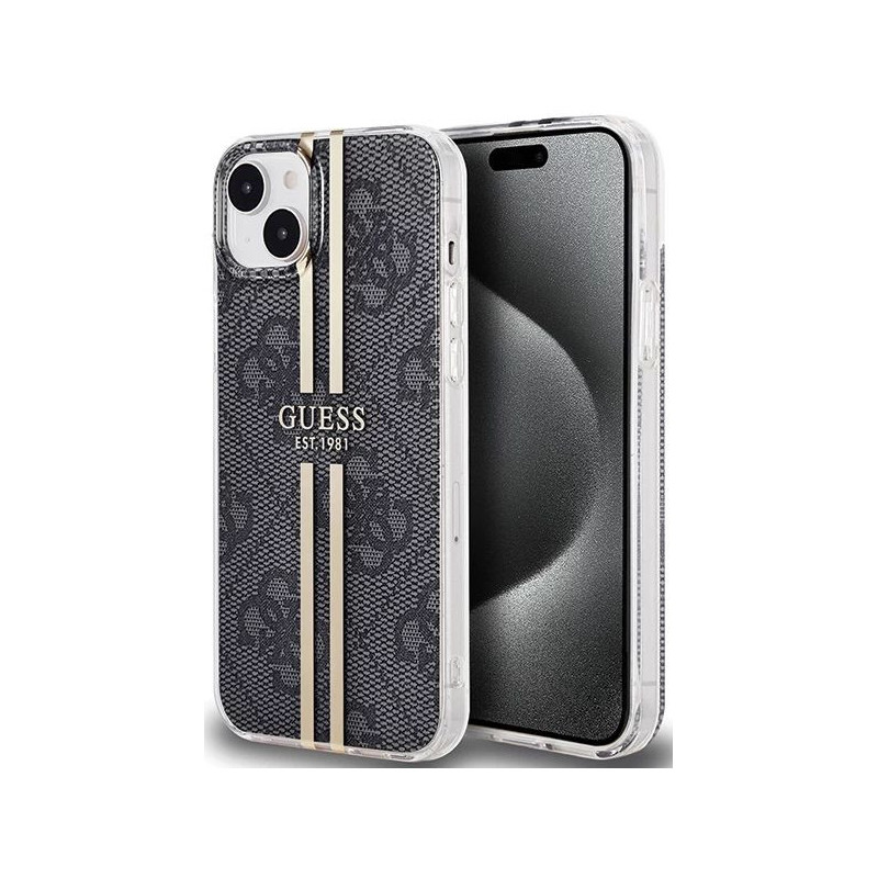 „Guess“ – iPhone 15 juodas kietas dėklas IML 4G auksinės juostelės juodas