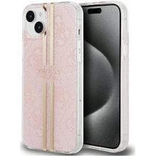 „Guess“ – iPhone 15 kietas dėklas IML 4G, auksinės juostelės, rožinis