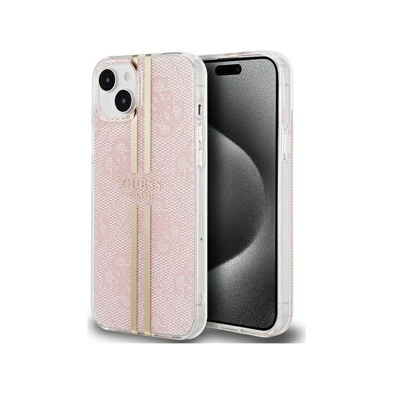 „Guess“ – iPhone 15 kietas dėklas IML 4G, auksinės juostelės, rožinis