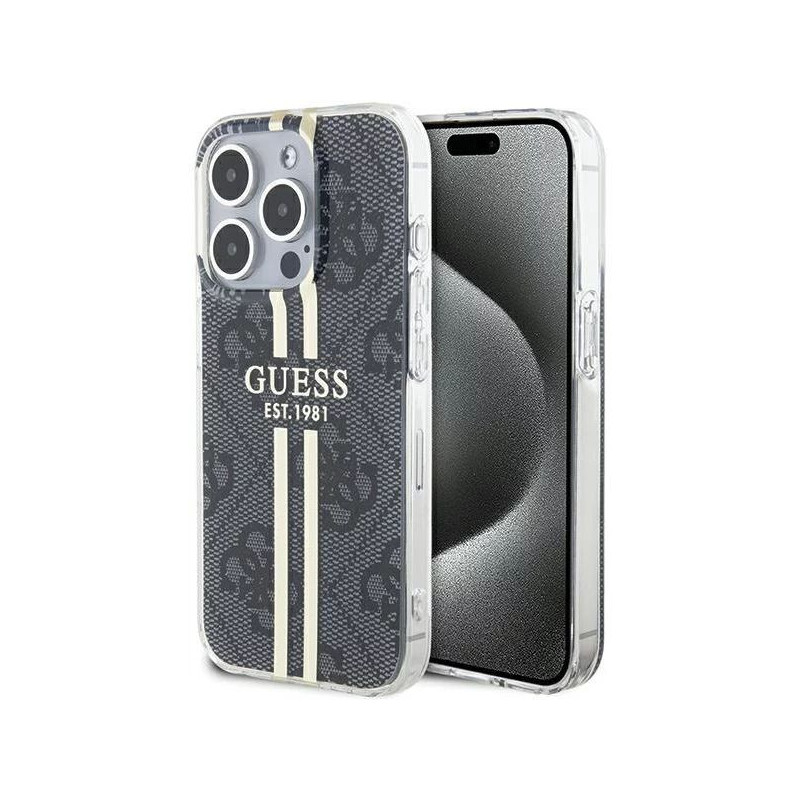 Guess Apple iPhone 15 Pro Max kietas dėklas IML 4G auksinės juostelės juodos spalvos