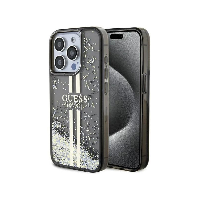 „Guess“ blizgučiais blizgantis dėklas „Apple iPhone 15 Pro“, skaidrus, juodas