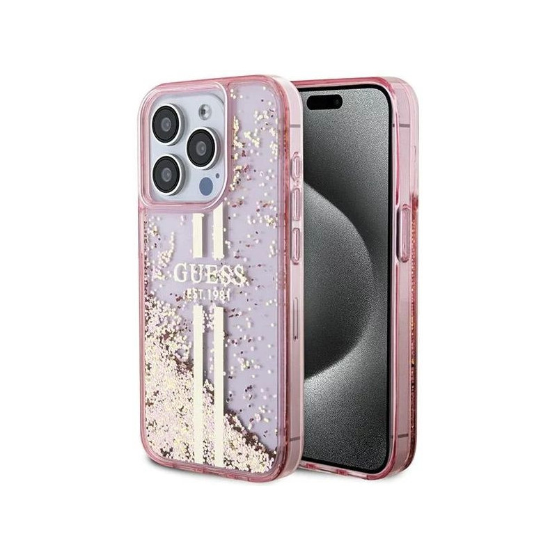 „Guess“ blizgučiais puoštas „Apple iPhone 15 Pro Max“ skaidraus rožinio atspalvio dėklas, skirtas „Guess“ telefonui „Sma