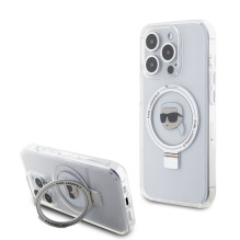 Karl Lagerfeld Apple iPhone 15 Pro kietas dėklas su žiediniu stovu, Karl Head, MagSafe, permatomas