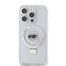 Karl Lagerfeld Apple iPhone 15 Pro kietas dėklas su žiediniu stovu, Karl Head, MagSafe, permatomas
