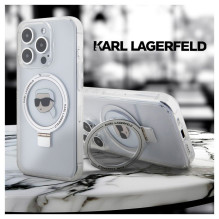 Karl Lagerfeld Apple iPhone 15 Pro kietas dėklas su žiediniu stovu, Karl Head, MagSafe, permatomas