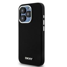 DKNY Apple iPhone 15 Pro 6.1 kietas dėklas su skystu silikoniniu mažu metaliniu logotipu, MagSafe, juodos spalvos