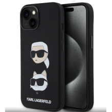 Karl Lagerfeld Apple iPhone 15 dėklas su skystu silikonu, Karl and Choupette Heads, juodas