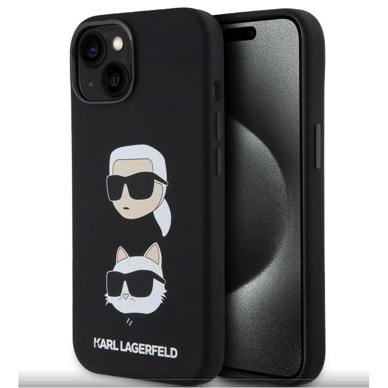 Karl Lagerfeld Apple iPhone 15 dėklas su skystu silikonu, Karl and Choupette Heads, juodas